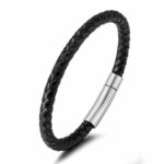 Bracelet en Cuir Véritable tressé finement & Fermoir en Acier Inoxydable Noir – Cadeau Tendance pour Homme|