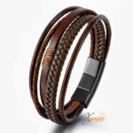 Bracelet en Cuir Véritable Multi Rangs Marron & Fermoir en Acier Inoxydable noir – Homme Tendance | Ébène