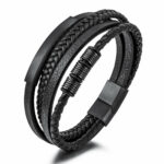 Bracelet en Cuir Véritable Multi Rangs Noir avec tresse & Fermoir en Acier Inoxydable plaqué Argent Noir | Titan Noir