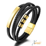 Bracelet en Cuir Véritable Multi Rangs Noir avec tresse & Fermoir en Acier Inoxydable plaqué Or | Élégance Dorée