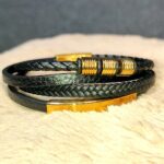 Bracelet en Cuir Véritable Multi Rangs Noir avec tresse & Fermoir en Acier Inoxydable plaqué Or | Élégance Dorée